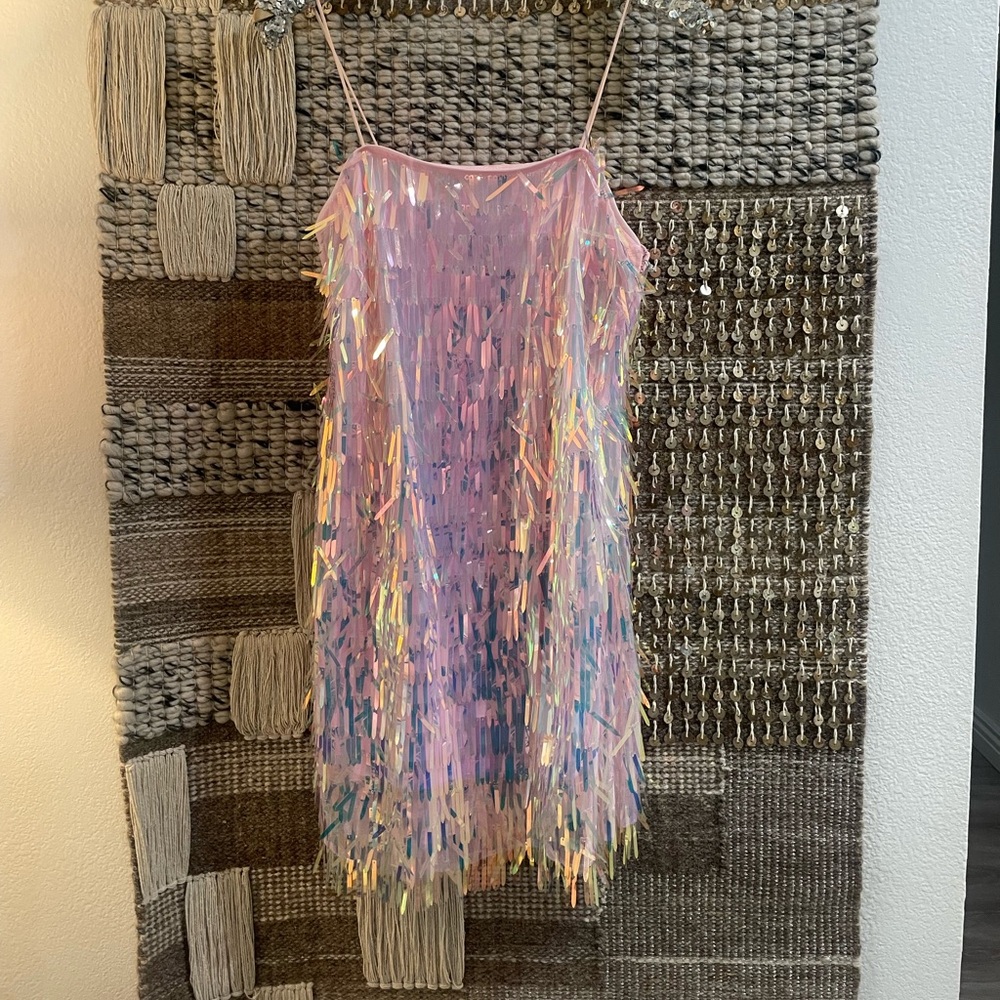 💕 NWT Forever 21 rainbow hologram AB crystal pink sequin mini dress sz S